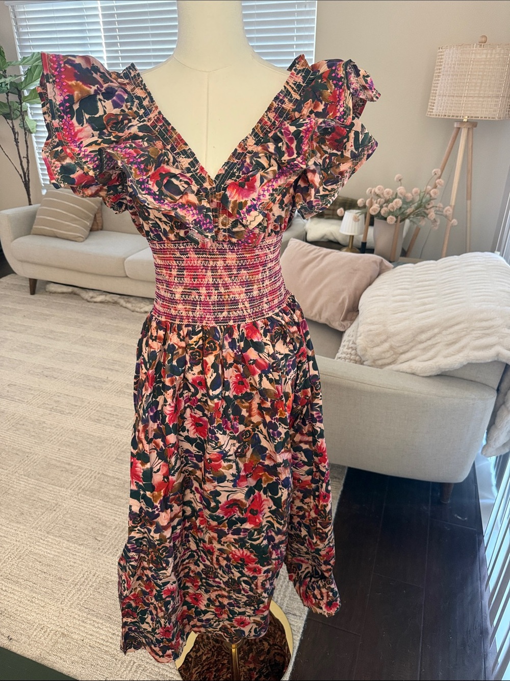 Something Navy Floral Smocked V-Neck Midi Dress in Pink, Red, Navy